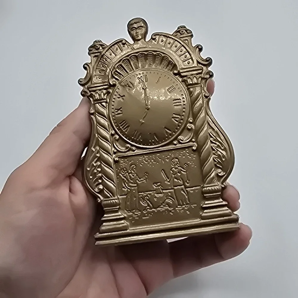 Vintage Souvenir Salt and Pepper Shakers Roman Style Mantel Clock Gold Plastic
